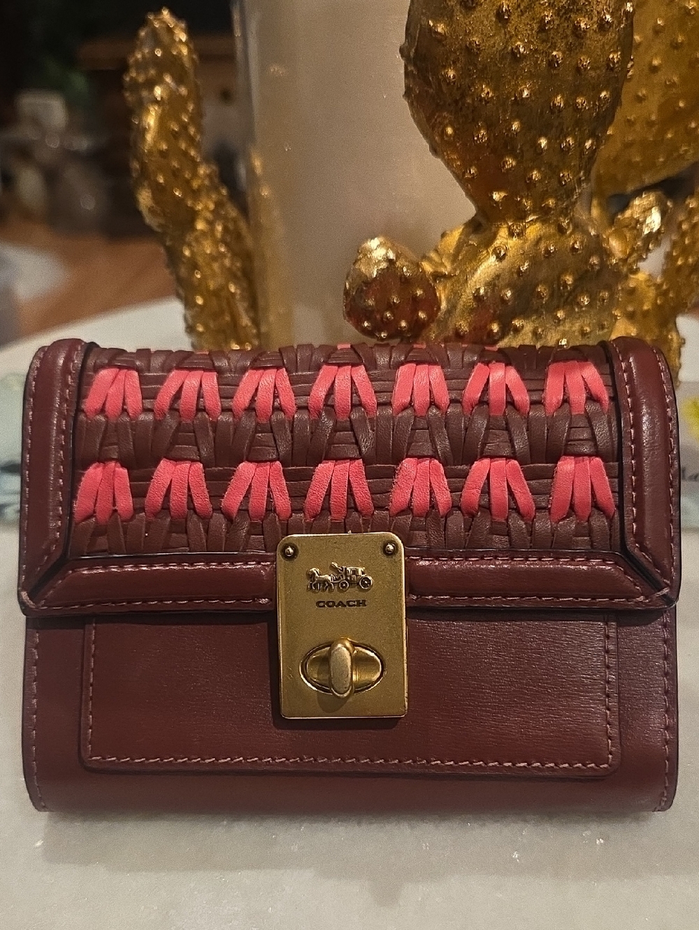 Coach 804 Weaving Leather Turnlock Wallet in Burgundy